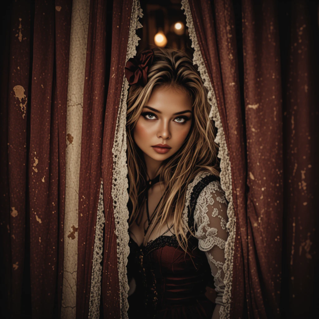 Uma mulher espia por entre cortinas pesadas em um retrato gótico