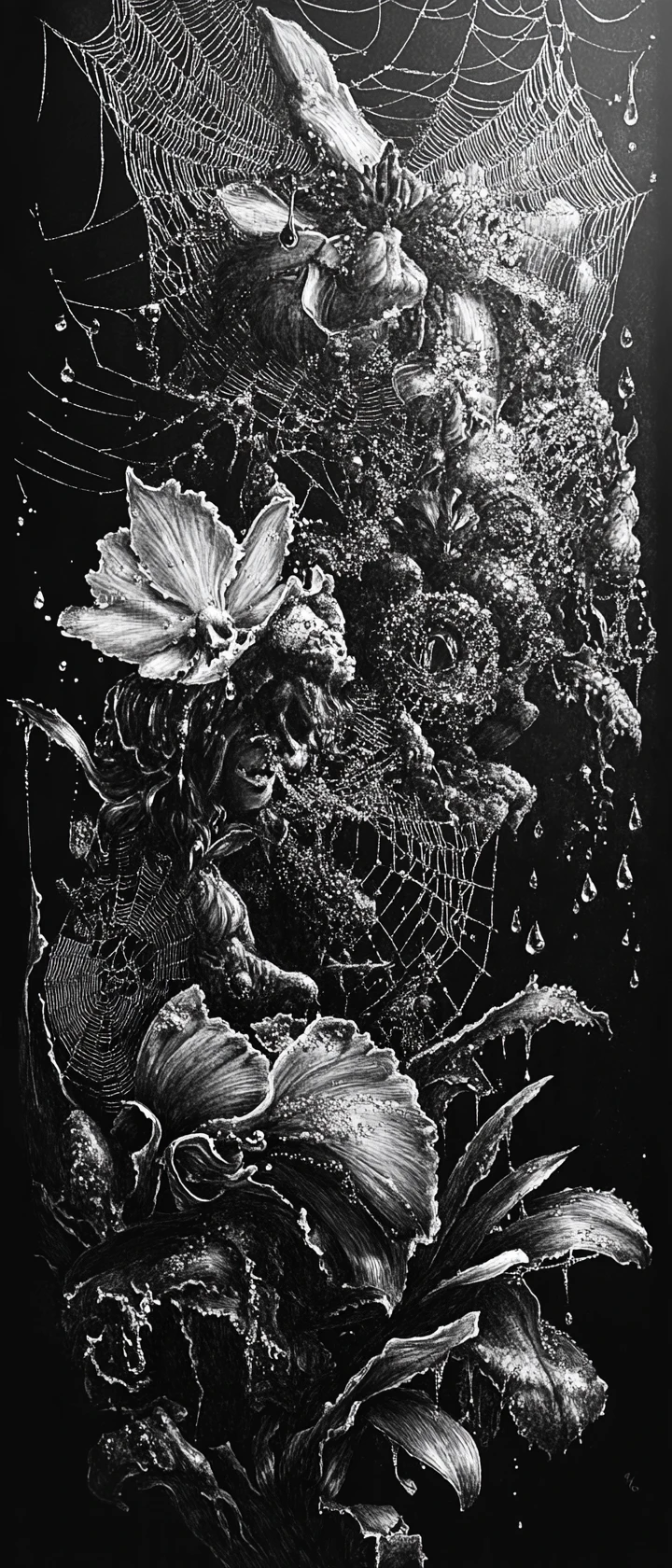 A fairy among giant orchids and spiderwebs on black canvas