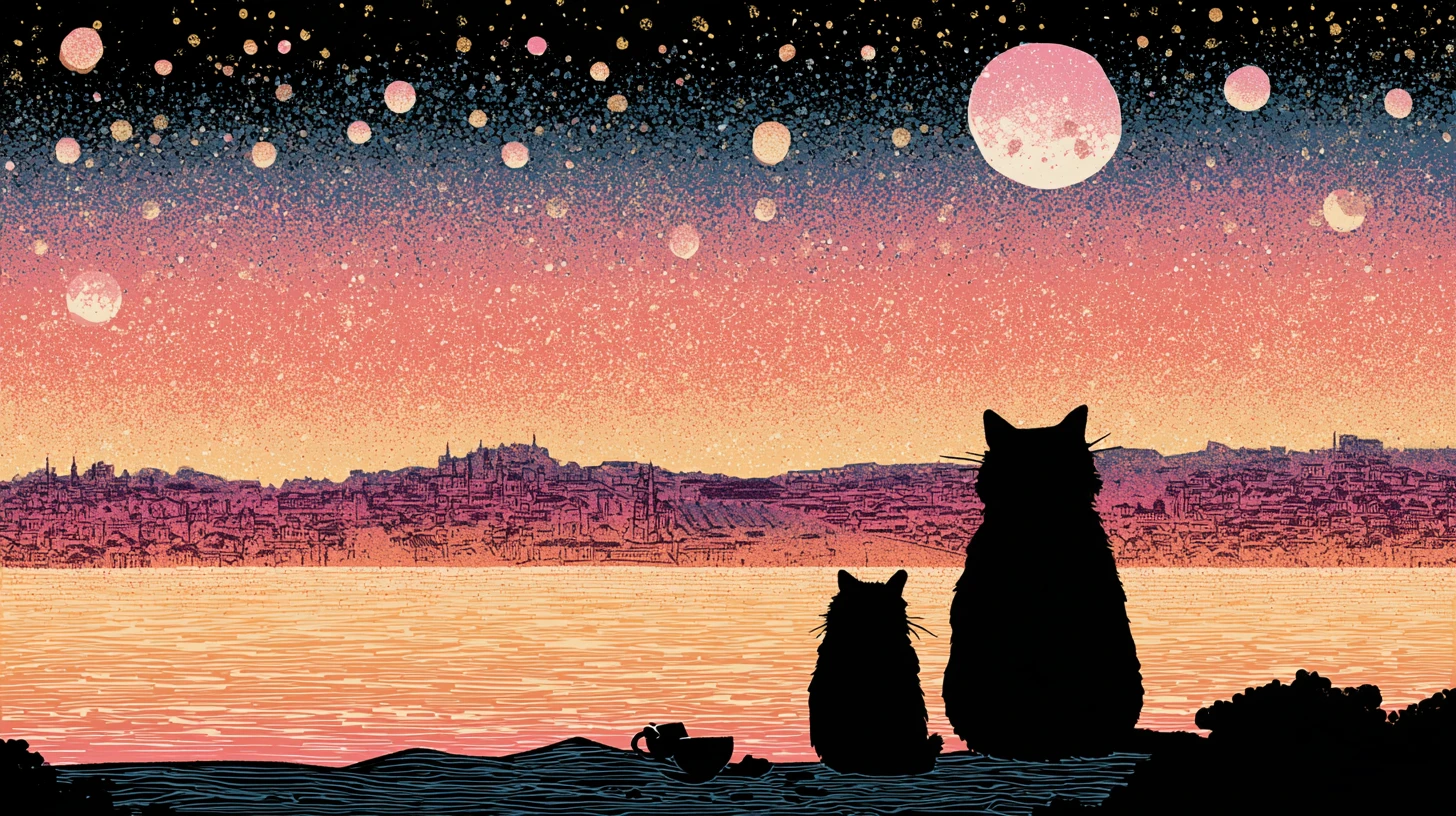 Fellige Gefährten beobachten den Einbruch der Nacht an einem Meer aus Rosa und Gold