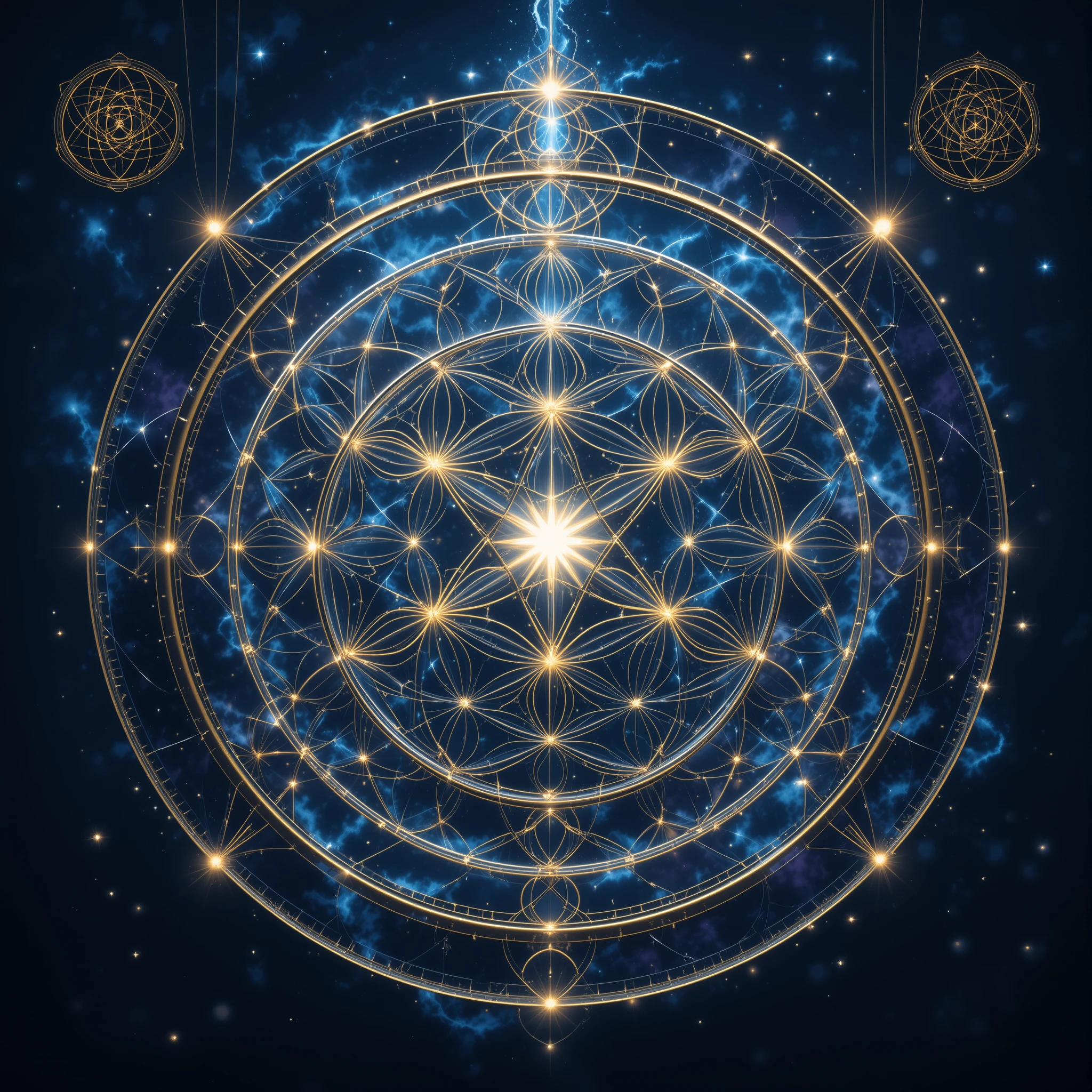 Leuchtendes Mandala aus heiliger Geometrie vor einem kosmischen Sternenhimmel in tiefer Nacht