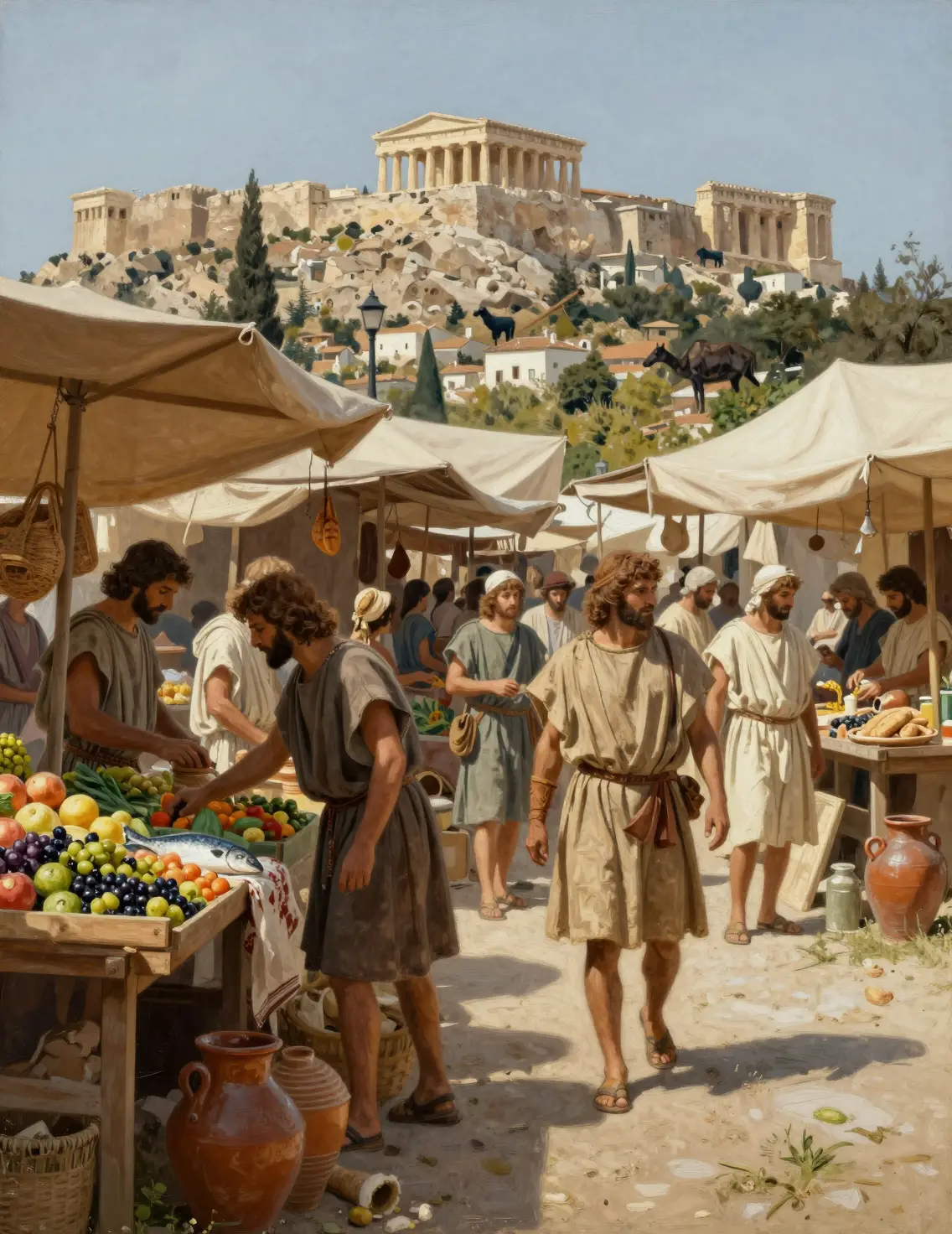 Ancient Greek Merchants Gather Amid a Bustling Marketplace of Daily Trade