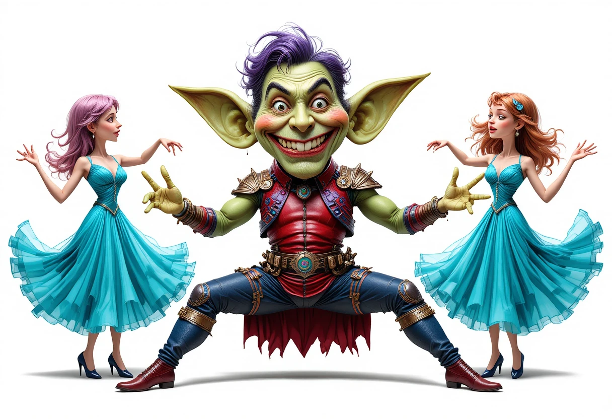 Un goblin verde sorridente circondato da tre donne danzanti