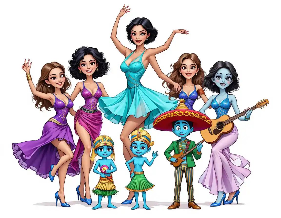 Três mulheres dançando cercam personagens de desenho animado azuis e alegres em uma colagem colorida