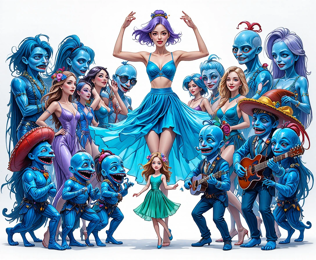 Três bailarinas rodeiam três personagens azuis de desenho animado numa colagem festiva