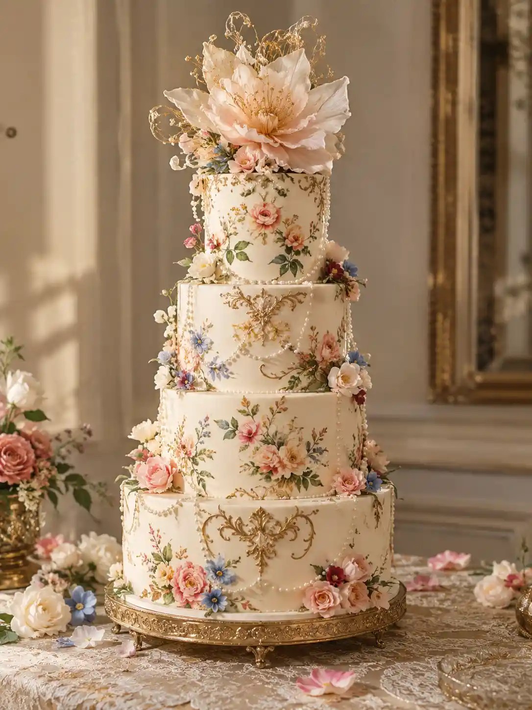 A tiered wedding cake adorned with flowers and pearls
