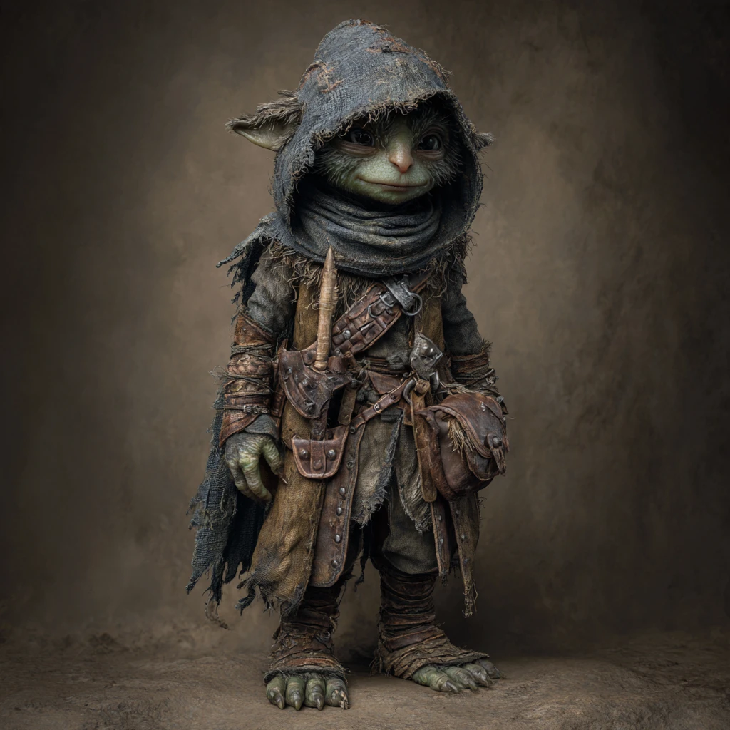 Ein Goblin-Dieb mit zerschlissenem Kapuzenumhang und Lederumhang