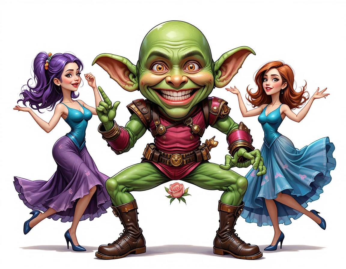 Um goblin sorridente está entre três mulheres dançando sobre um fundo branco