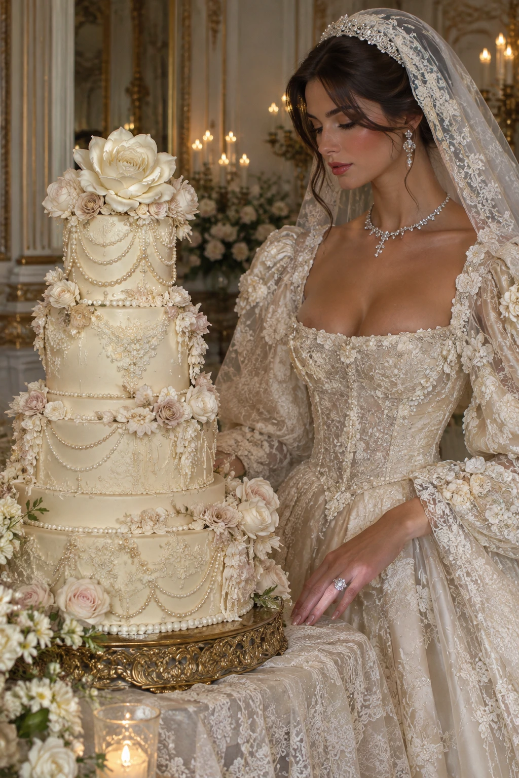 A Layered Wedding Cake Adorned With Flowers and Pearl Strings