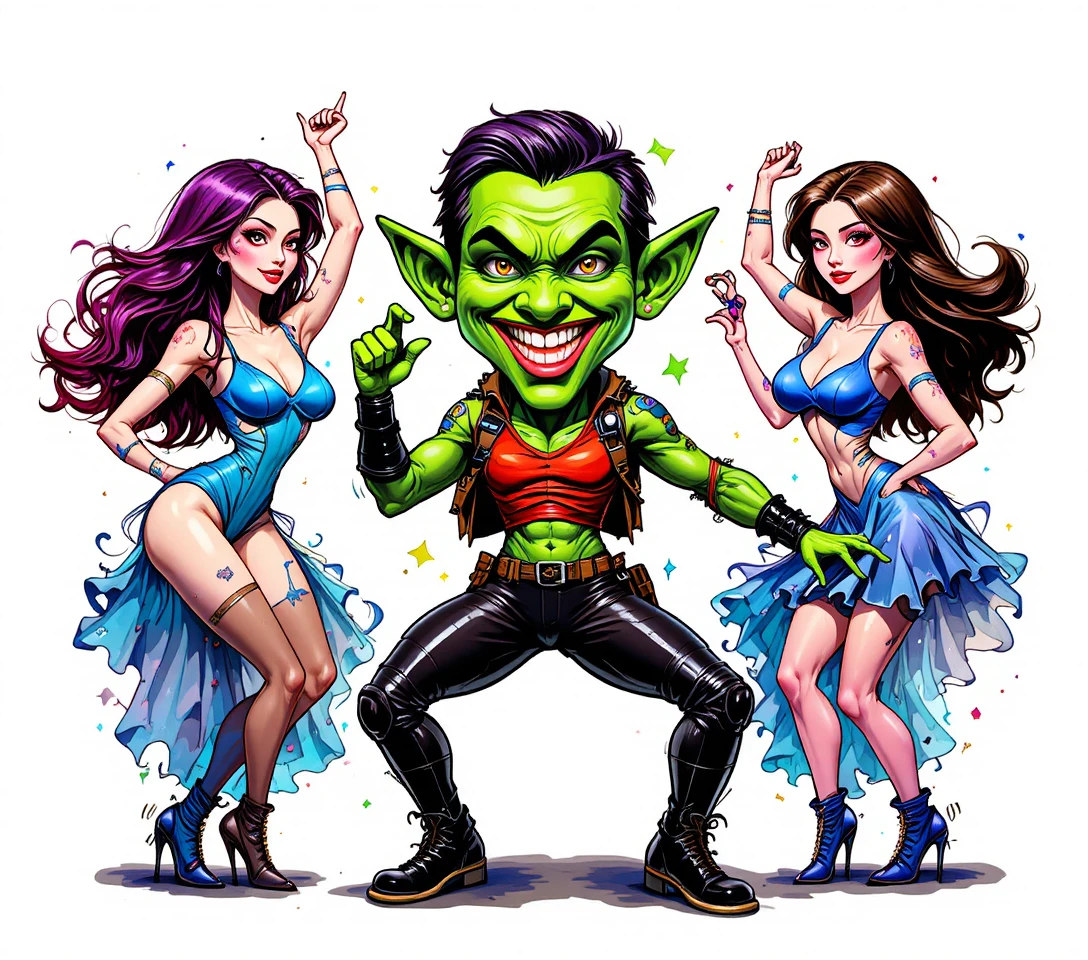 Um goblin sorridente entre três mulheres dançando com trajes de fantasia