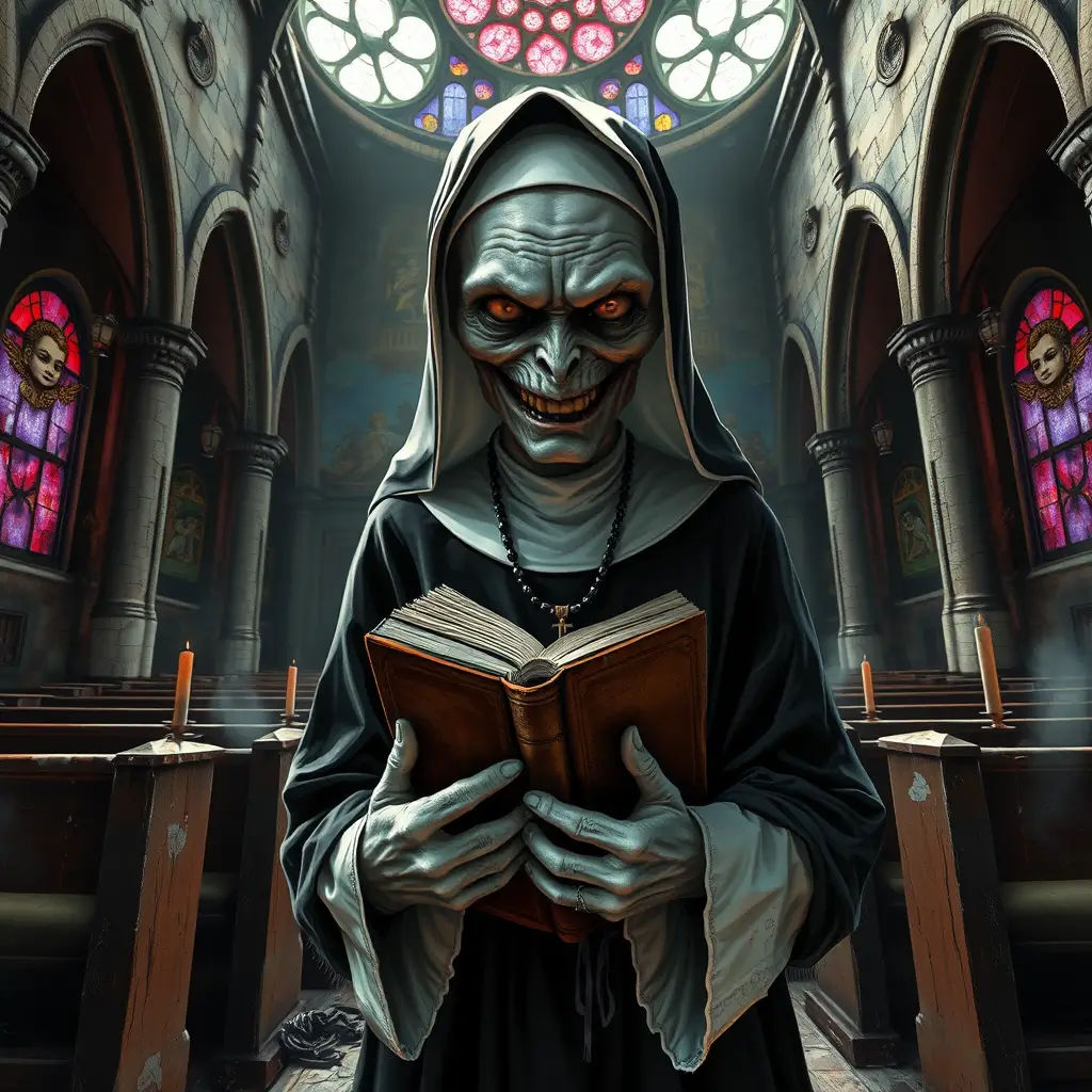 Une nonne sinistre veille sur un ancien livre de prières dans une église délabrée