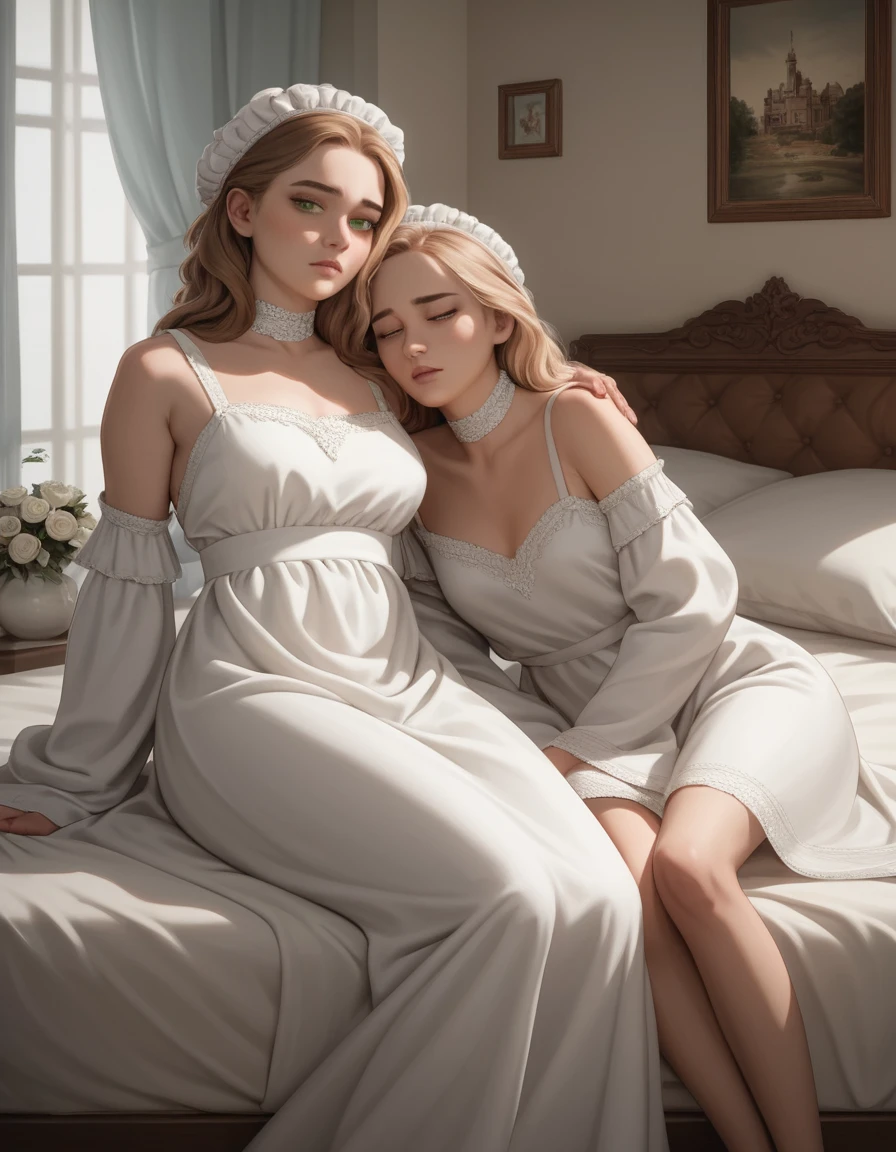 A young noble girl wakes in a luxurious four-poster bed in a castle chamber