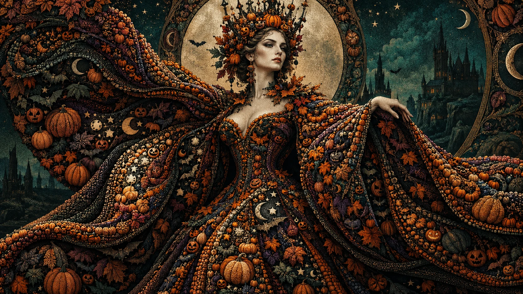 A regal pumpkin queen wears a surreal gown of intricate stippling