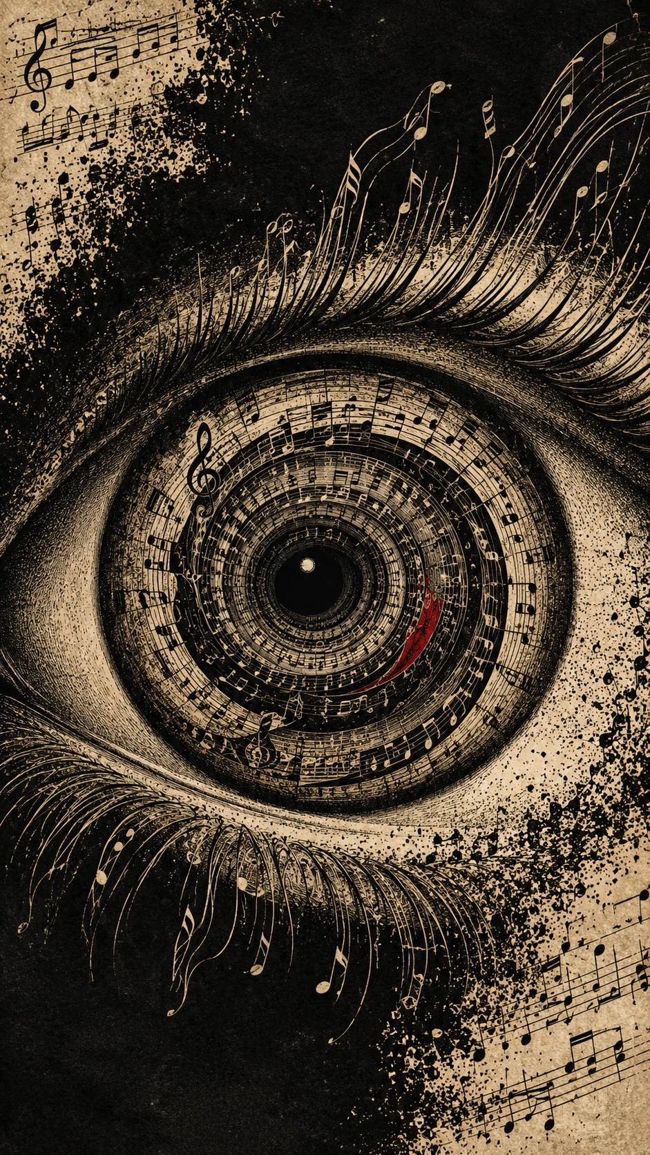 Ein surreales Auge birgt ein spiralförmiges musikalisches Universum in seiner Iris