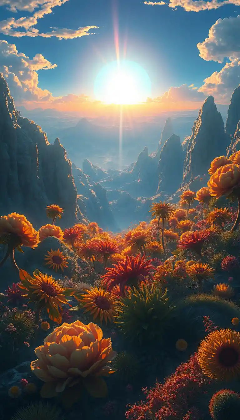 Flora vivace in un paesaggio alieno all'alba blu