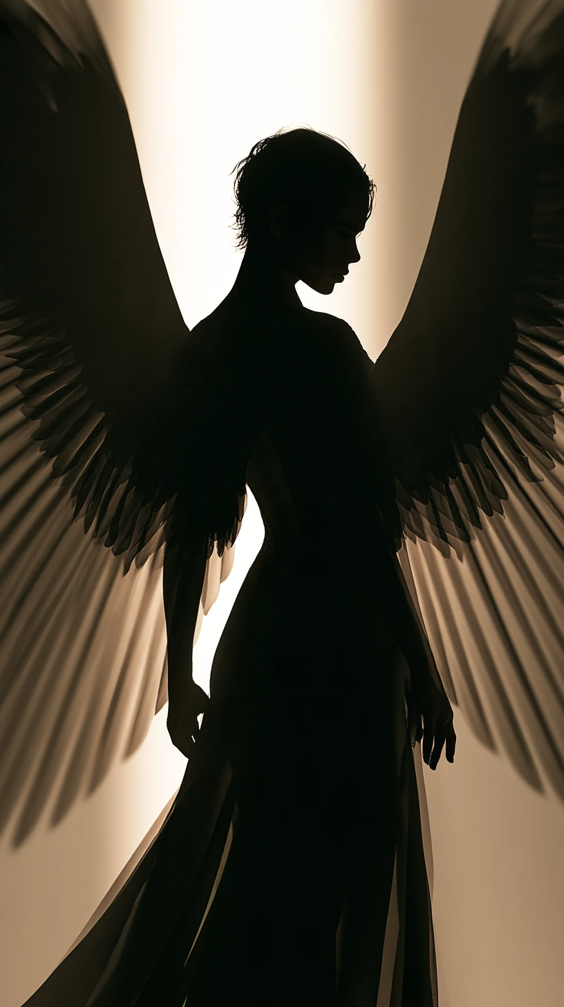 Um anjo feminino sombrio com enormes asas visto de costas