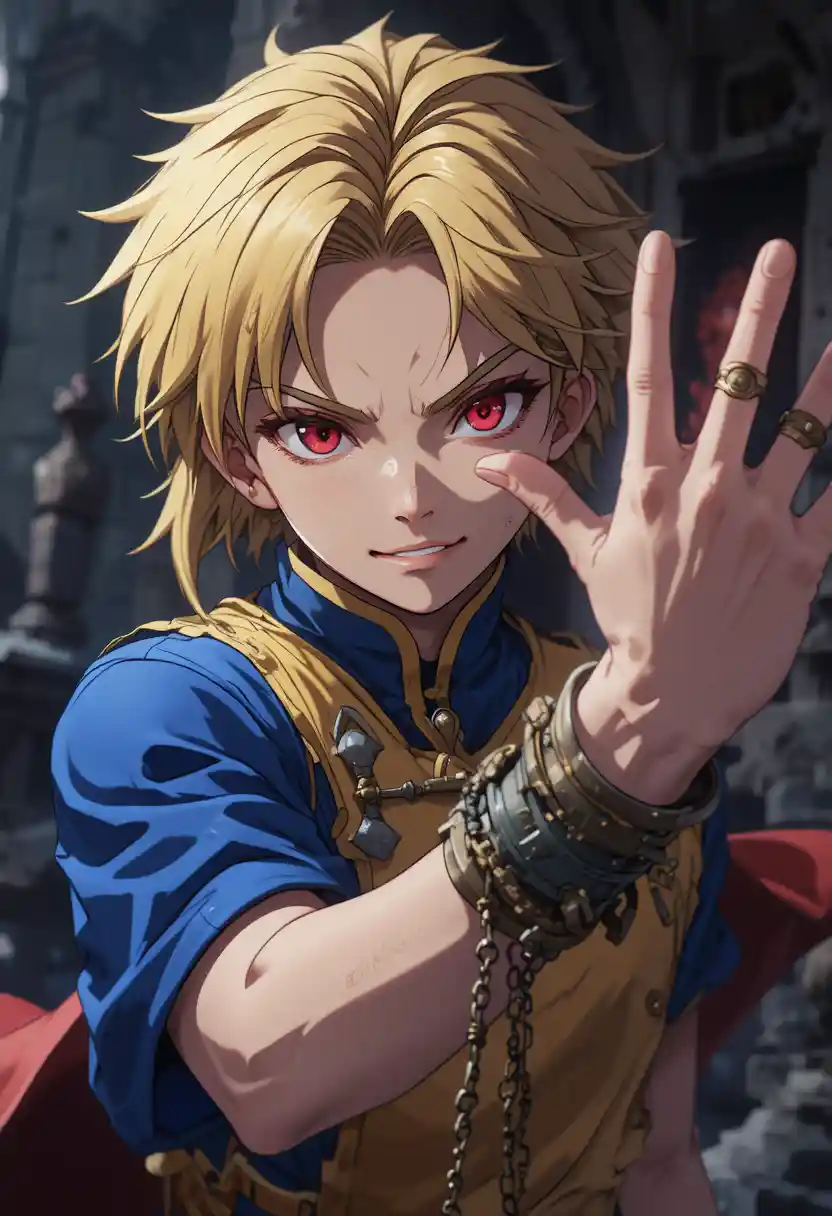Los intensos ojos escarlata de Kurapika definen su retrato con un tabardo tradicional azul y amarillo