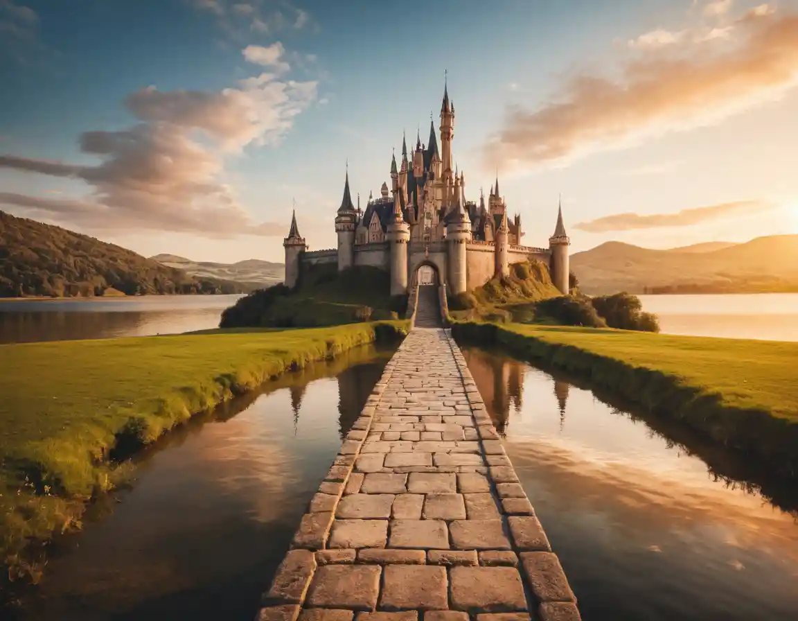 Un castello da fiaba sorge al centro di un lago durante l'ora dorata