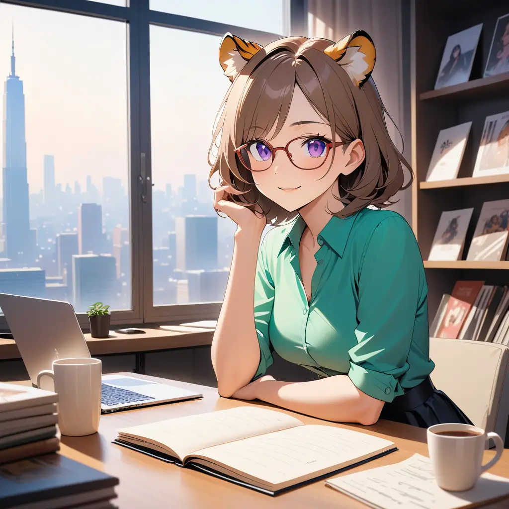 A tiger woman editor smiles at her desk in a modern office