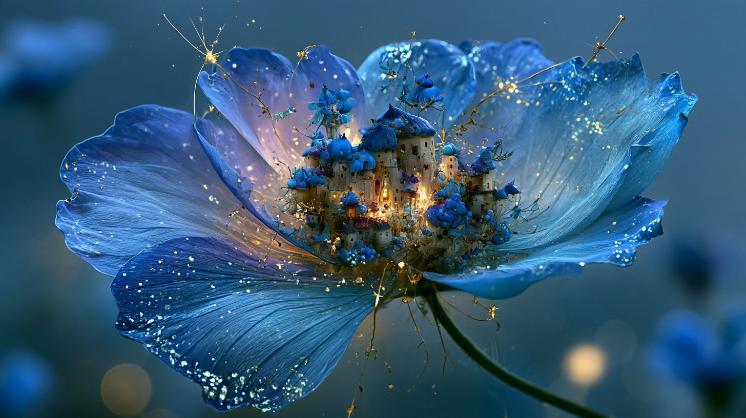 Ein winziges Dorf auf einer blauen Blüte