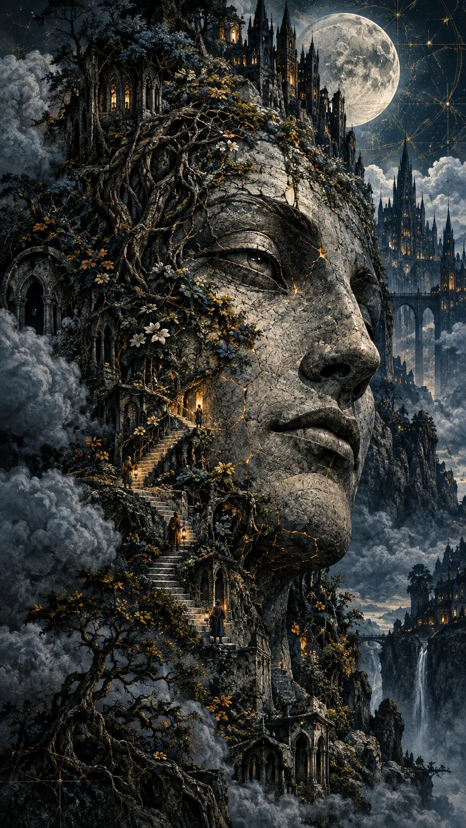 A colossal stone face emerges from a moonlit mountainside
