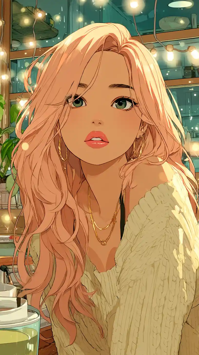 Ídolo de K-pop em estilo anime num ambiente aconchegante com uma luz dourada e acolhedora
