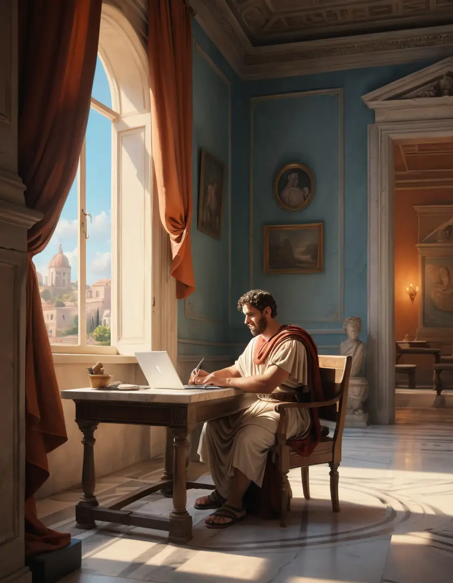 Um escriba romano usa um laptop em uma sala clássica