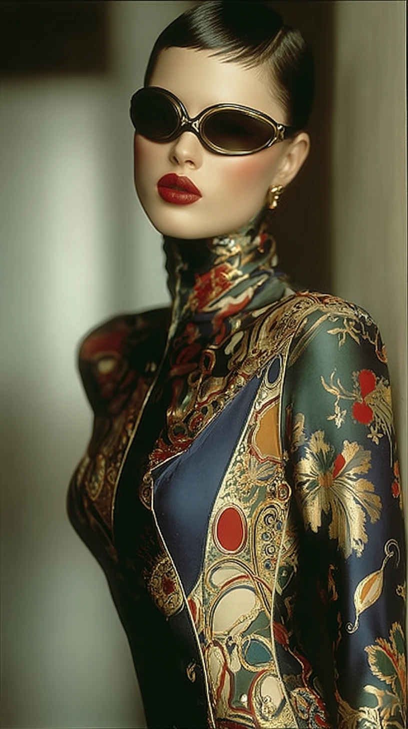 Uma mulher elegante brinca com uma máscara diante de um cenário repleto de detalhes
