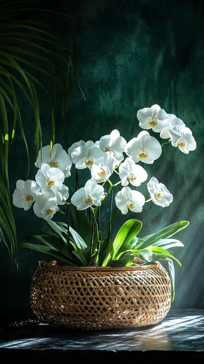 Blühende Blumen in einem kunstvoll verzierten Korb auf dunklem Schiefer