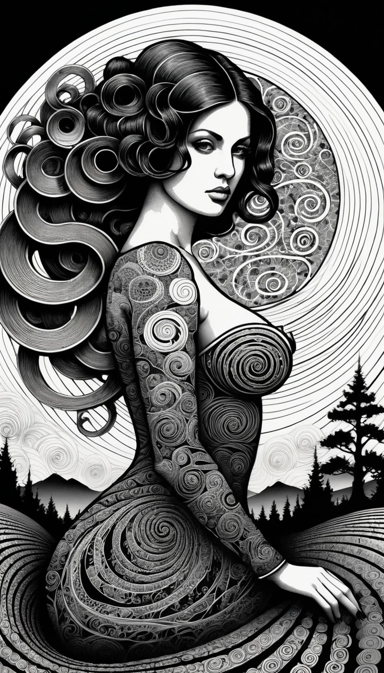 Uma mulher formada por espirais pretas entrelaçadas sobre um fundo espiralado
