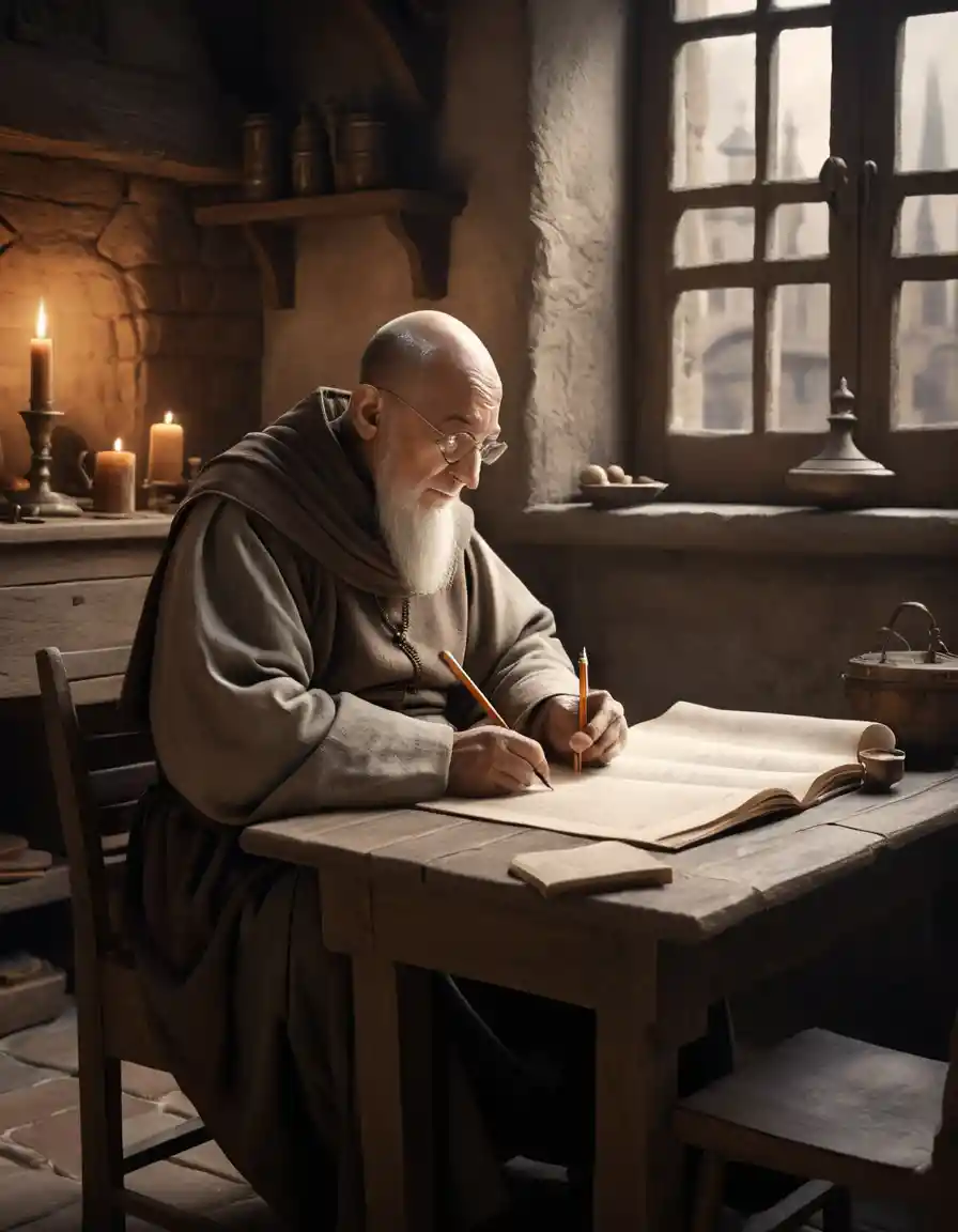 Un monje anciano escribe con una pluma en un scriptorium medieval