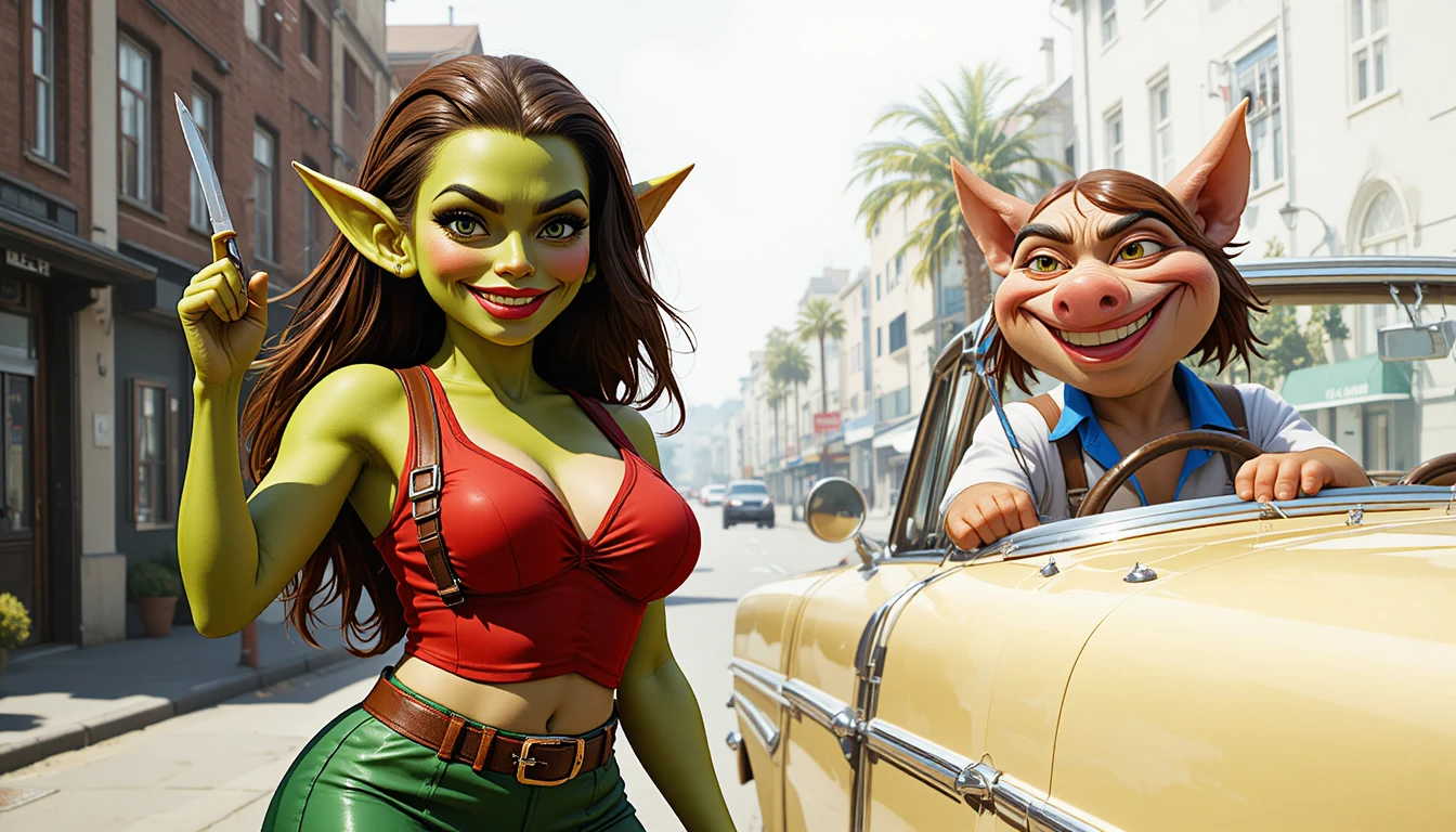 Um goblin verde sorridente aponta para cima, com leitões por perto