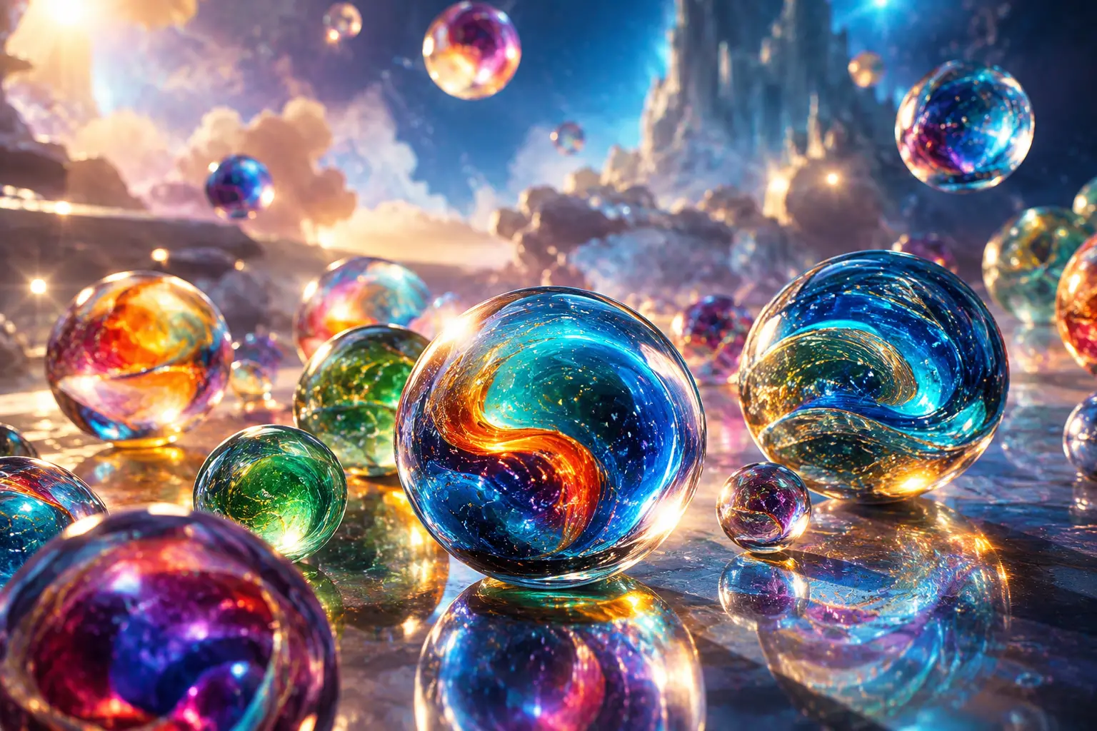 A Collection of Photorealistic Marbles on a Reflective Surface