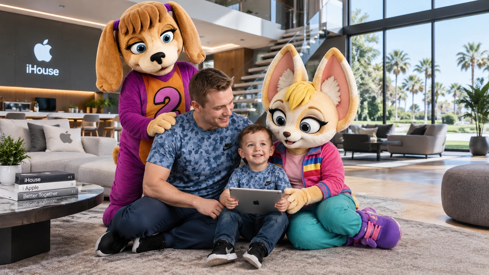 Mascote de cachorro ajuda um pai a cuidar do filho e da filha