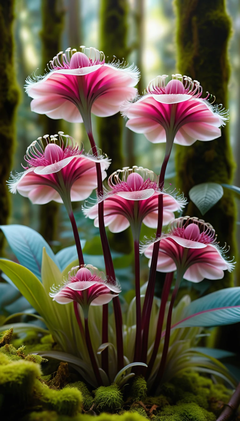 Des fleurs turquoise aux couronnes blanches et duveteuses s’élèvent dans une forêt luxuriante