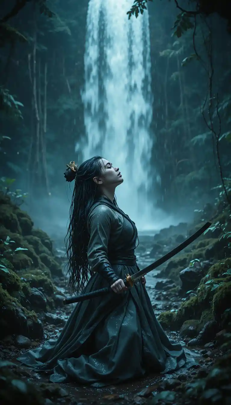 A Female Warrior Kneels Beneath A Waterfall In A Shadowed Forest
