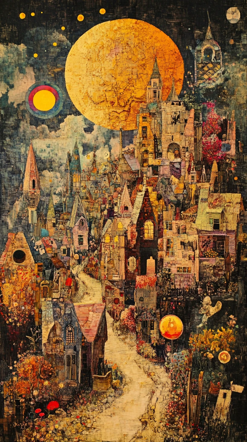 Una giornata felice in una piccola città raffigurata come un arazzo artistico