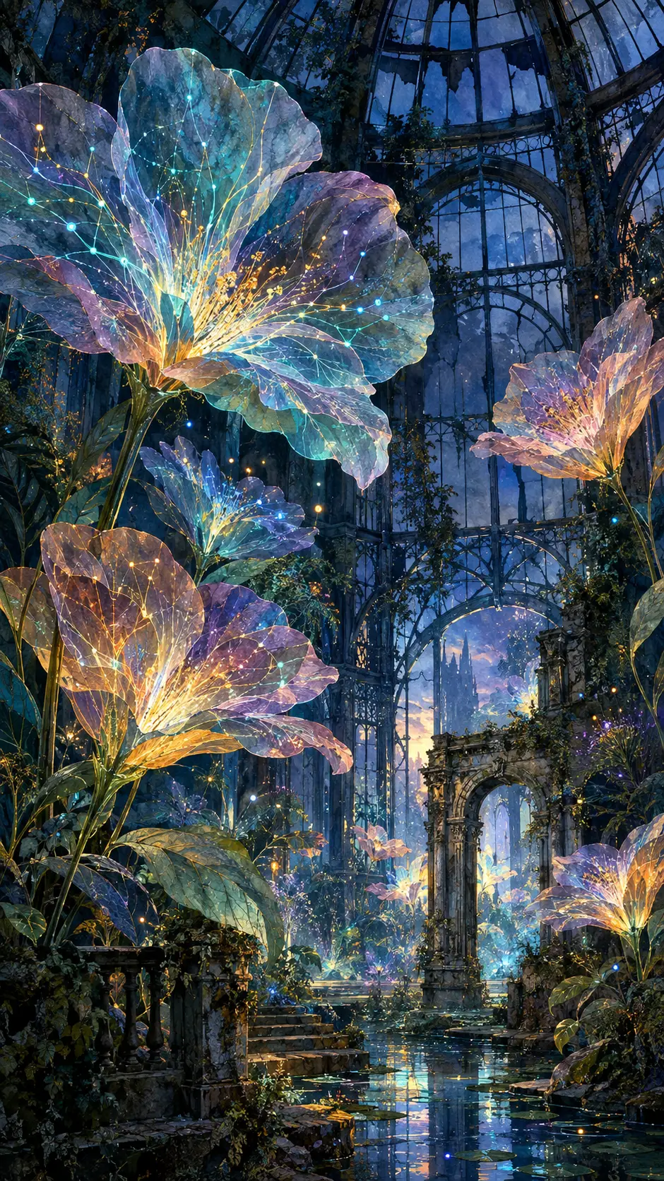 Translucent Flowers Bloom Among Ruins Inside an Abandoned Glass Conservatory