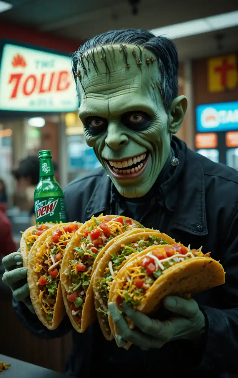 Un monstre vert sourit en tenant des tacos dans une taqueria