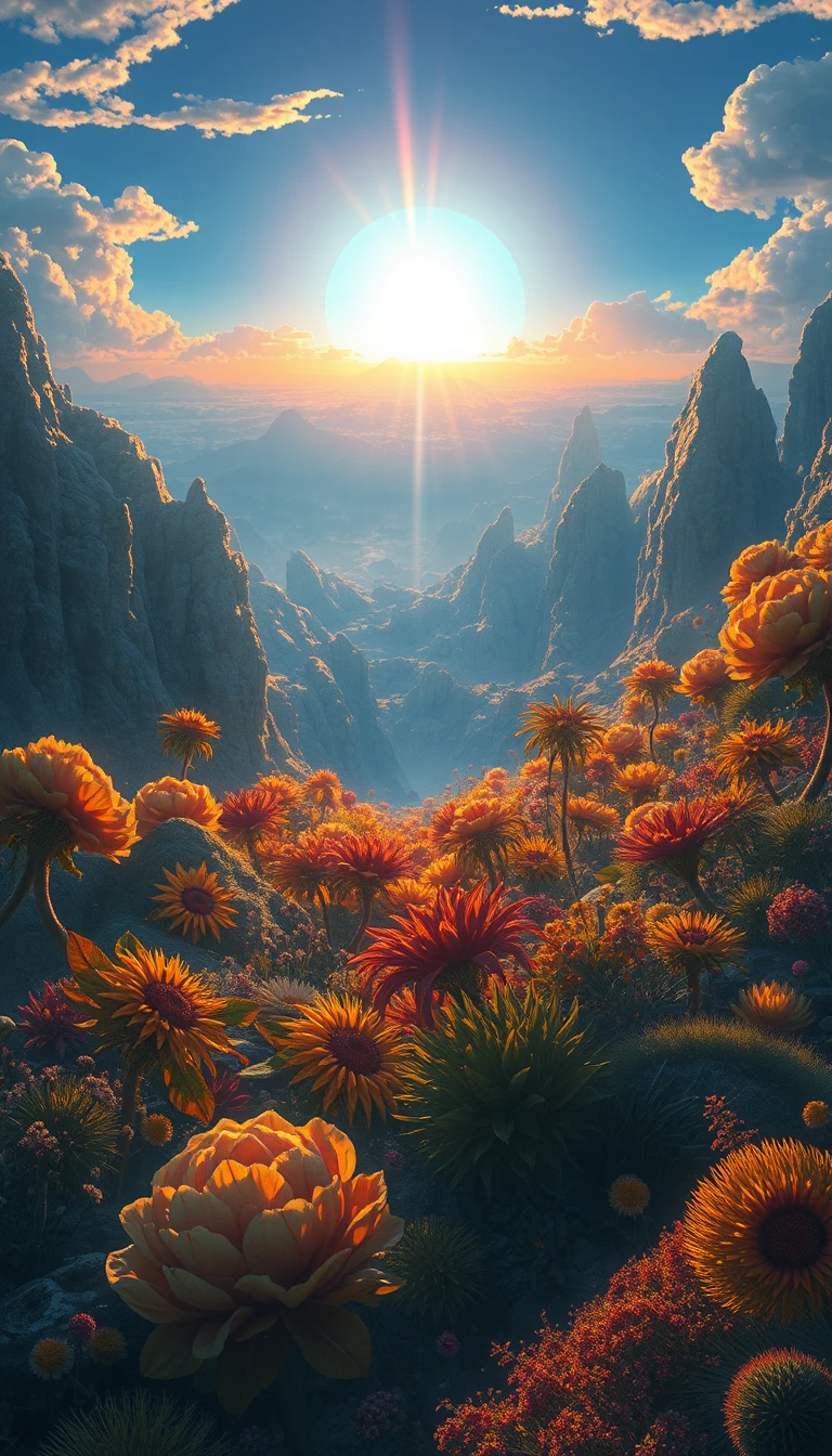 Flora vivace in un paesaggio alieno all'alba blu