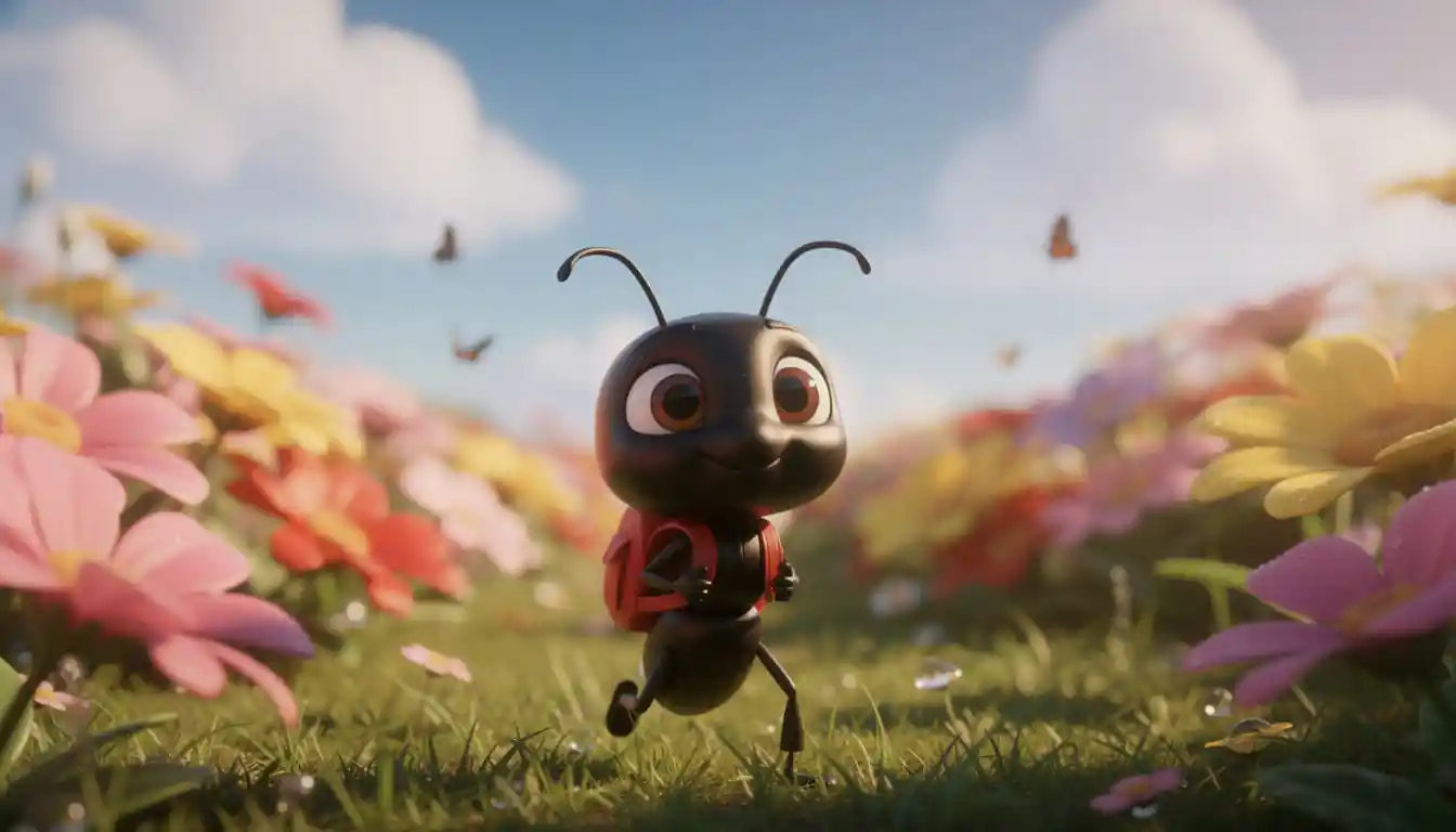 A tiny cartoon ant walks through a colorful garden