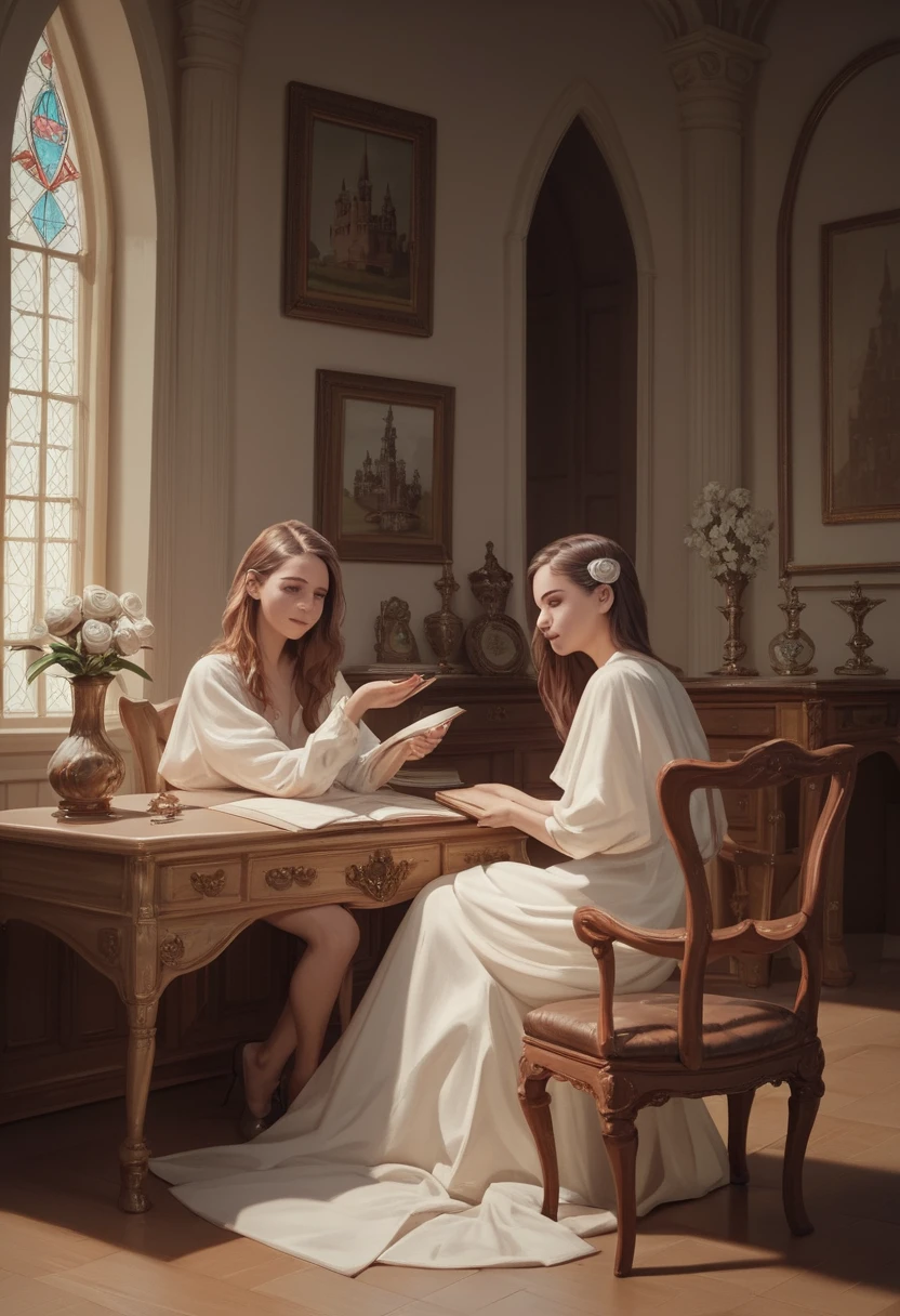 Zwei Frauen in einem prunkvollen Schlafgemach in einem aristokratischen Schloss