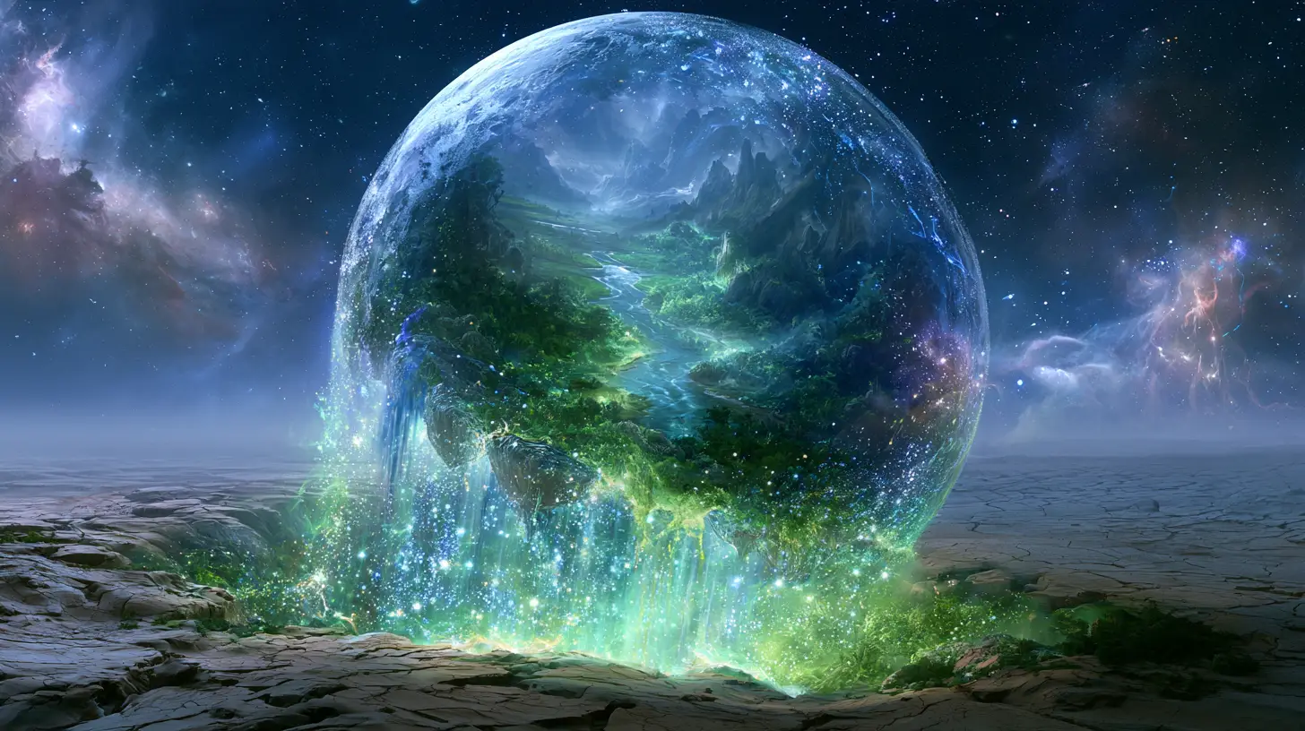 宇宙蒼穹下，破裂星球上方懸浮著一顆閃爍氣泡