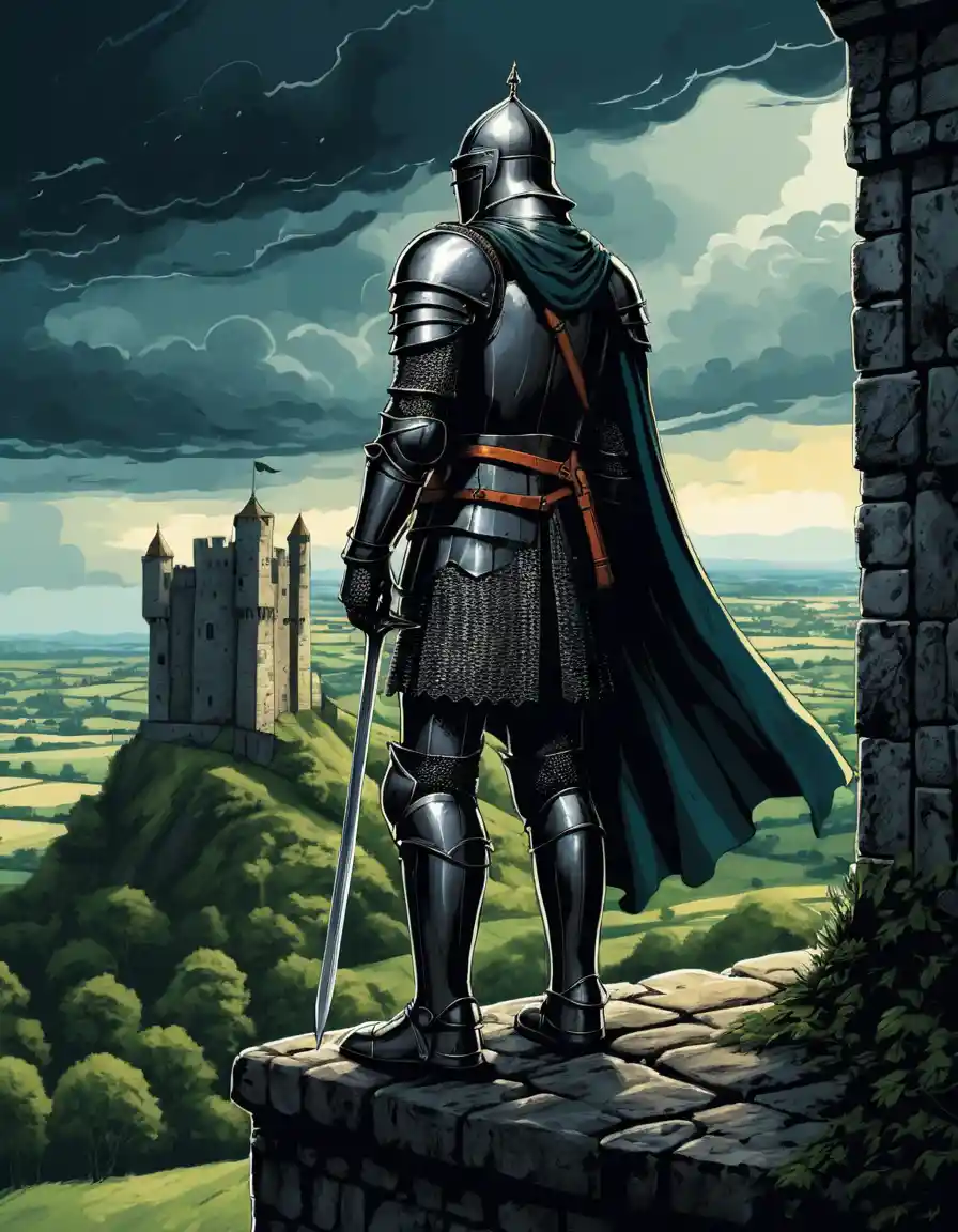 Un chevalier contemple la campagne depuis les remparts d'un château médiéval