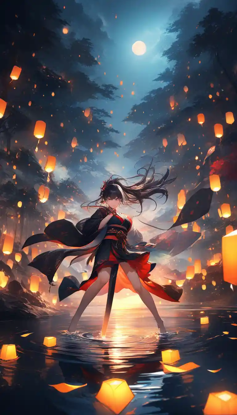 Une samouraï de style anime tient un katana sous la lumière de la lune