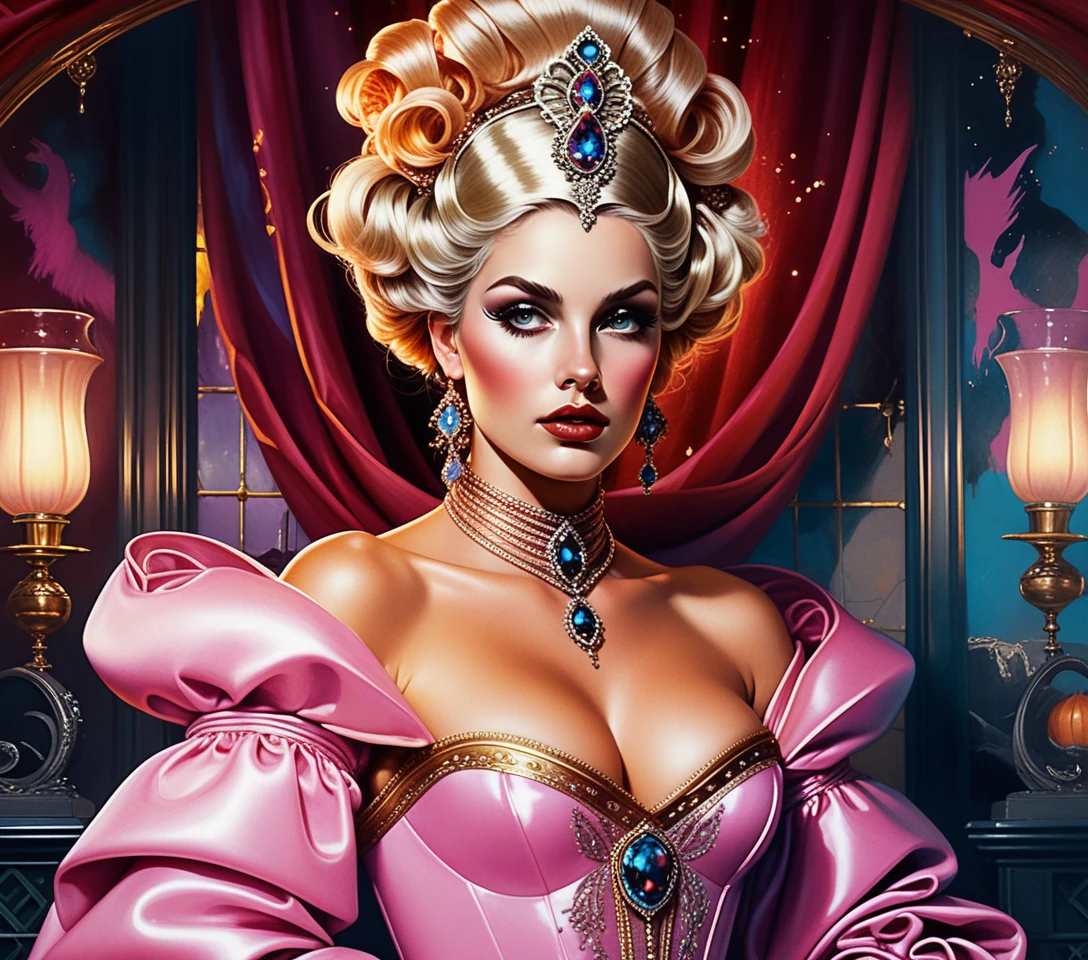 Uma mulher glamorosa do século XV num baile de máscaras numa mansão assombrada