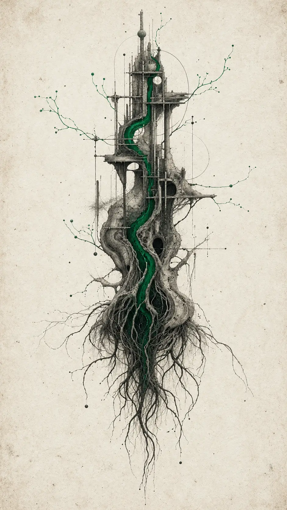 A vertical organic structure rises from roots into neural geometry