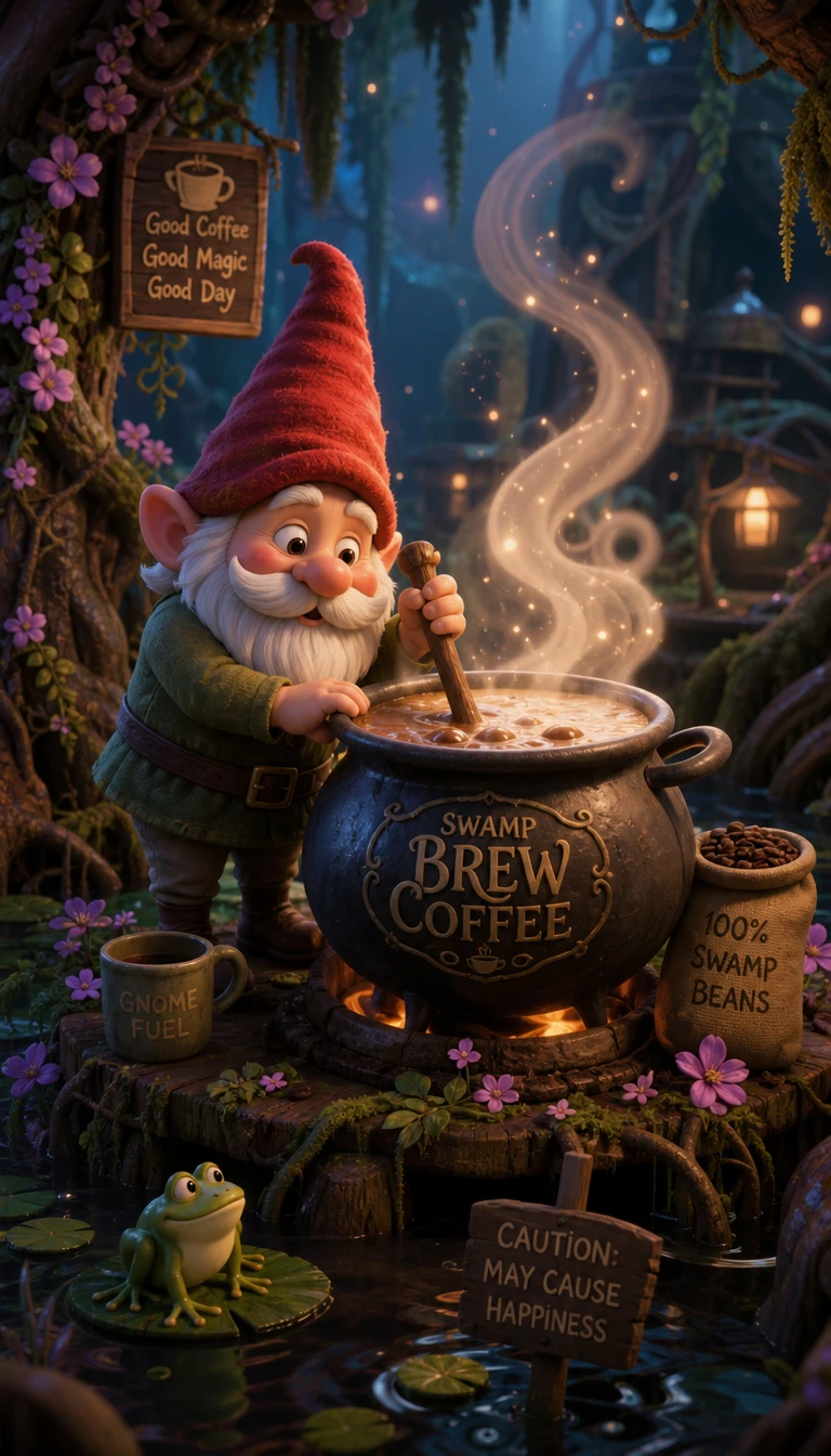 Ein verspielter Gnom hütet einen brodelnden Kaffeekessel in einem mystischen Sumpf