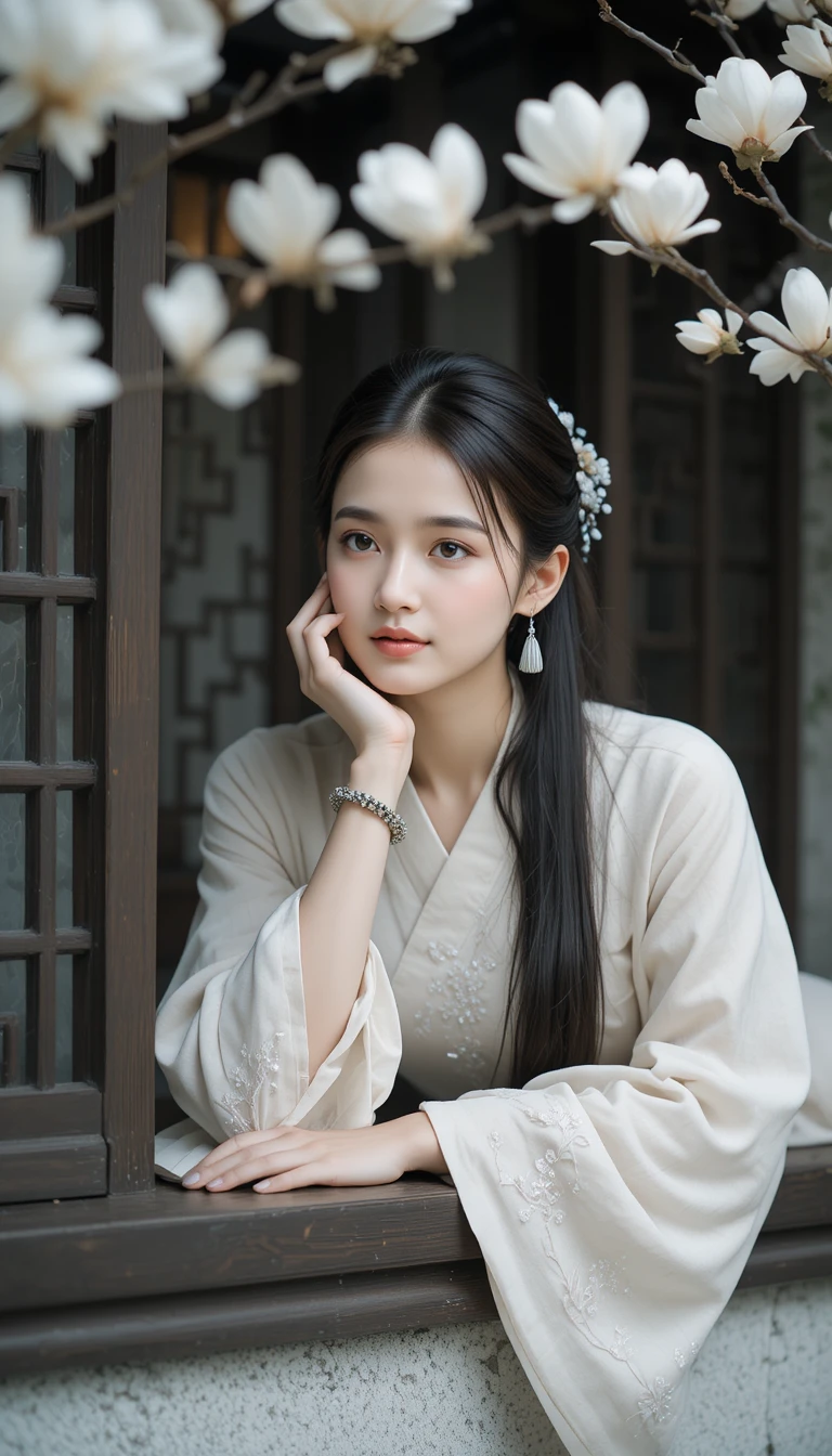 Eine Frau in besticktem Hanfu lehnt an einem kunstvoll geschnitzten Gitterfenster