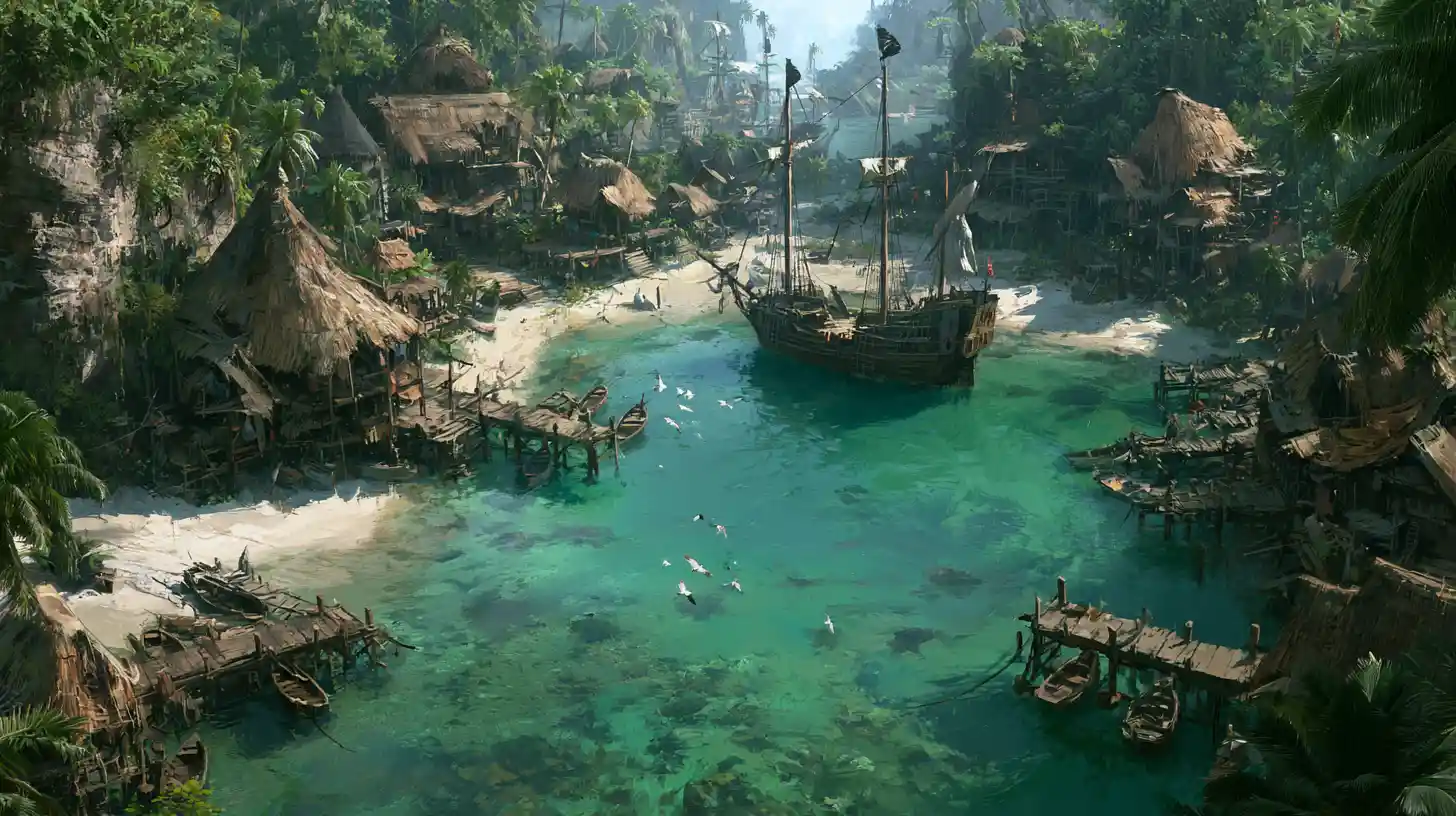 Une crique de pirates avec des navires au mouillage, des cabanes de plage et des bâtiments dans la jungle