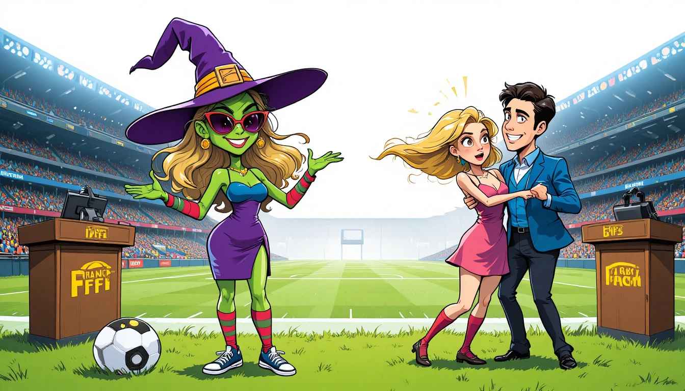 Eine Frau moderiert eine lebhafte Fußballübertragung in einem nächtlichen Stadion